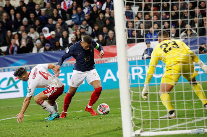 Kylian Mbappe pictured (center) during France's 14-0 win over Gibraltar in November 2023
